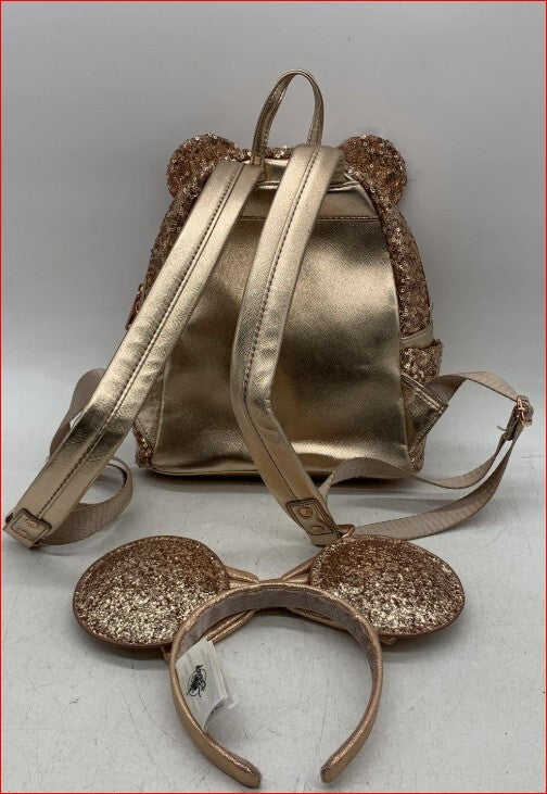 Loungefly Disney Parks Rose Gold Sequin Mini Backpack with Matching Minnie Ears