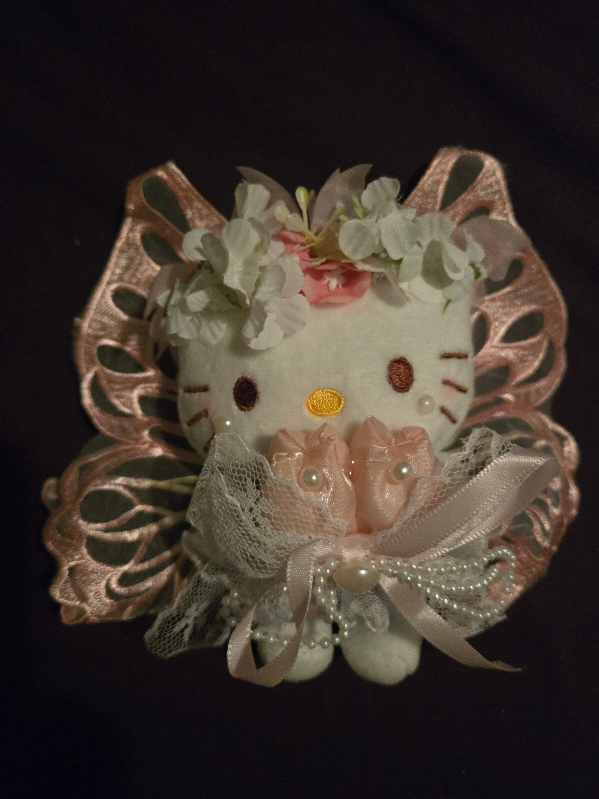 Handmade Kawaii Fairy Cat Plush Charm with Pink Butterfly Wings and Floral Pearl