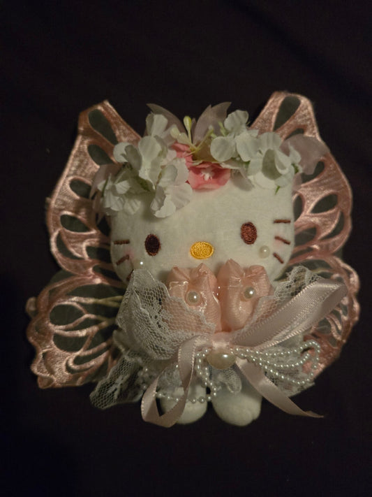 Handmade Kawaii Fairy Cat Plush Charm with Pink Butterfly Wings and Floral Pearl