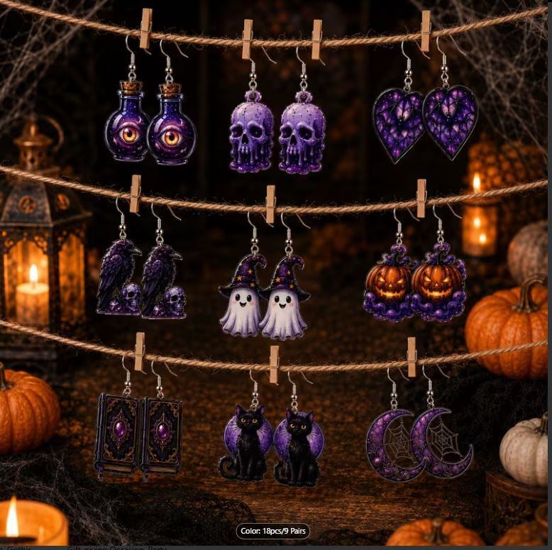 Halloween Earring Lot 9 Pairs Purple Gothic Pumpkin Ghost Skull Set 2D