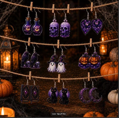Halloween Earring Lot 9 Pairs Purple Gothic Pumpkin Ghost Skull Set 2D