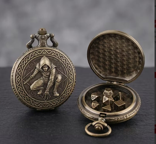 Antique Bronze Pocket Watch with Hidden Dice Set for RPG Games-No actual watch