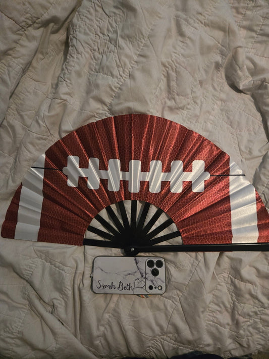 Large Football Folding Hand Fan Silky Fabric Game Day 24 Inch NWOT