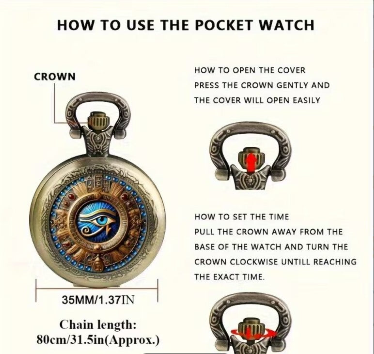 Vintage Style Pocket Watch with Egyptian Eye Design and Chain Eye of Horus