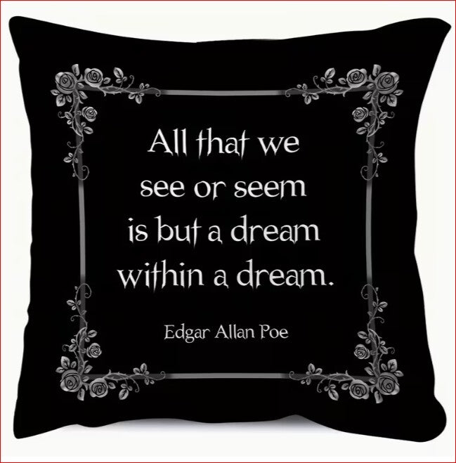Edgar Allan Poe Quote Decorative Pillow with Coffin Shaped Storage Box