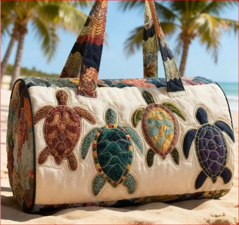 NWOT Hand Quilted Turtle Themed Duffle Bag - Beach Ready Travel Bag
