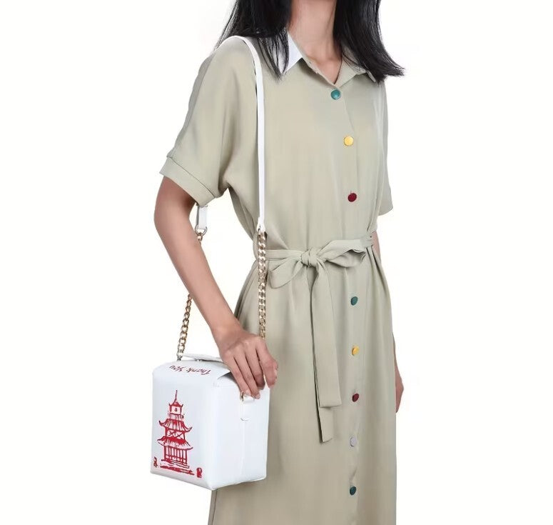 Chinese Takeout Box Crossbody Bag - Novelty Tower Pattern Purse