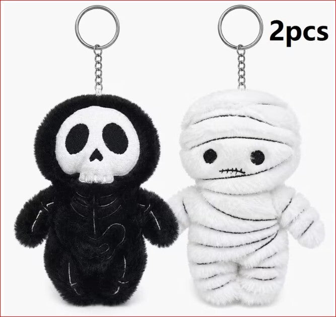 2pcs Halloween Plush Keychain Set - Skeleton & Mummy Soft Plush Keyrings