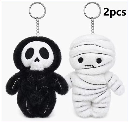 2pcs Halloween Plush Keychain Set - Skeleton & Mummy Soft Plush Keyrings