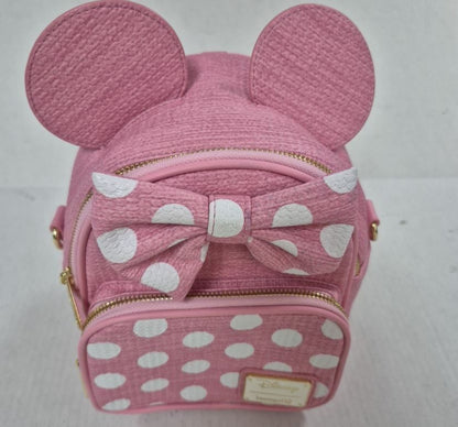 Loungefly Disney Minnie Mouse Pink Polka Dot Bow Woven Straw Mini Backpack NWT