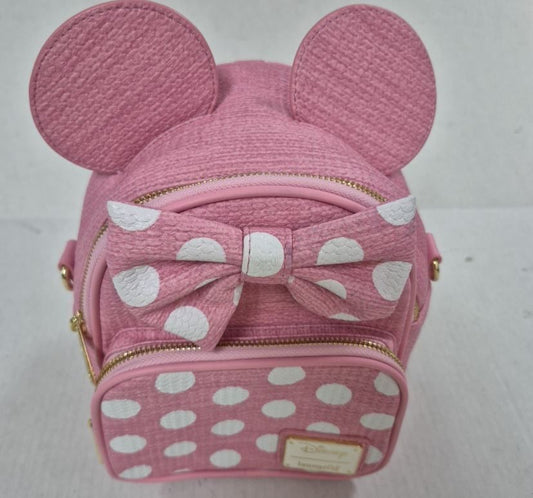 Loungefly Disney Minnie Mouse Pink Polka Dot Bow Woven Straw Mini Backpack NWT