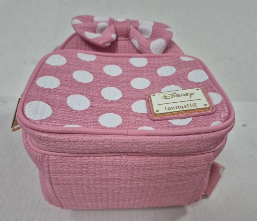 Loungefly Disney Minnie Mouse Pink Polka Dot Bow Woven Straw Mini Backpack NWT
