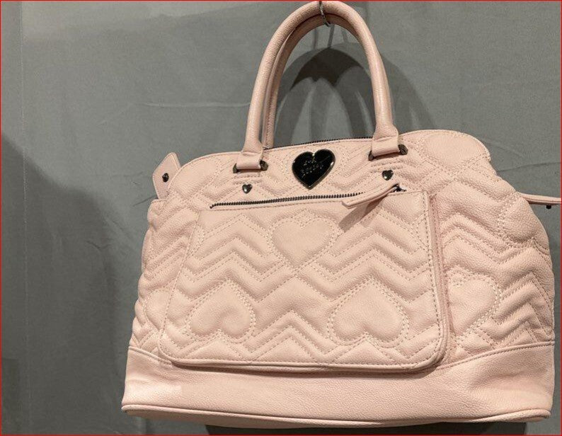 Betsey Johnson Pink Quilted Heart Pattern Leather Shoulder Bag with Matching Zip