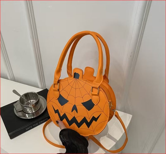 Halloween Pumpkin Shaped Orange Handbag with Spider Web Design nwot