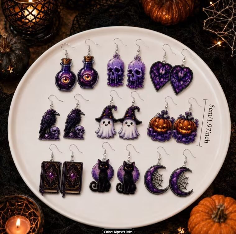 Halloween Earring Lot 9 Pairs Purple Gothic Pumpkin Ghost Skull Set 2D