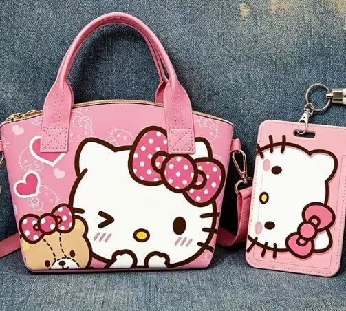Hello Kitty Pink Mini Handbag with Matching Card Holder and Braided Lanyard Set