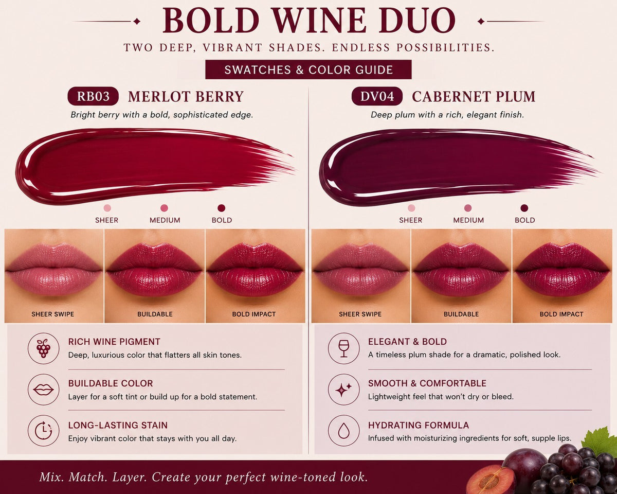 Aliver Wine Lip Tint Duo RD01 Shiraz RD03 Merlot Burgundy New Sealed