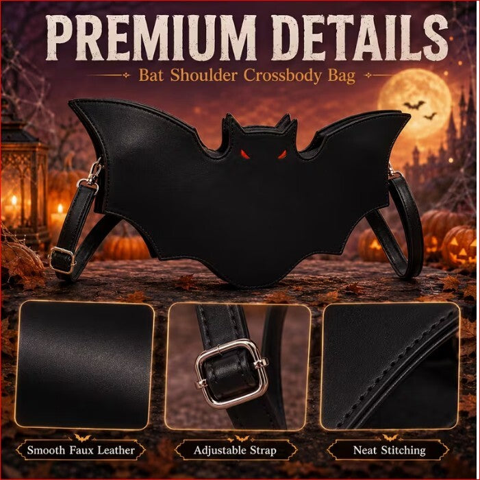 Red Eyes Bat Shoulder Crossbody Bag - Compact Spooky Style Faux Leather Purse