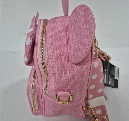 Loungefly Disney Minnie Mouse Pink Polka Dot Bow Woven Straw Mini Backpack NWT