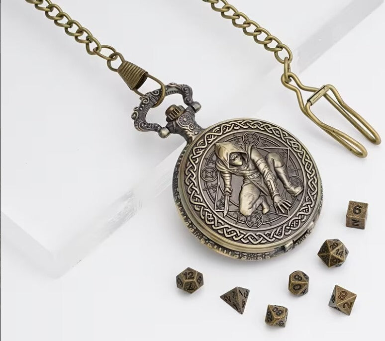 Antique Bronze Pocket Watch with Hidden Dice Set for RPG Games-No actual watch