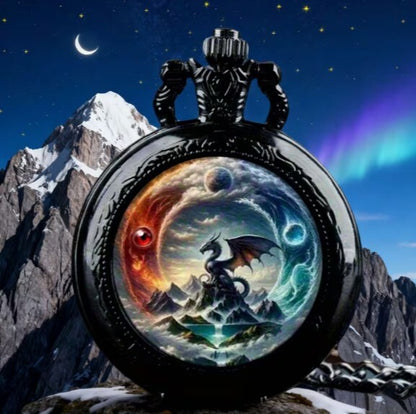 Fantasy Dragon Yin Yang Pocket Watch Necklace