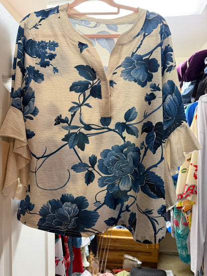 Elegant Beige and Blue Floral Blouse with Ruffle Sleeves