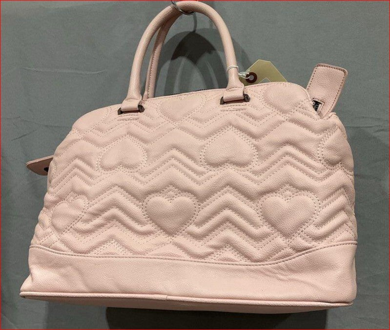 Betsey Johnson Pink Quilted Heart Pattern Leather Shoulder Bag with Matching Zip