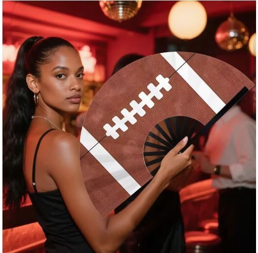 Large Football Folding Hand Fan Silky Fabric Game Day 24 Inch NWOT