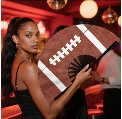 Large Football Folding Hand Fan Silky Fabric Game Day 24 Inch NWOT