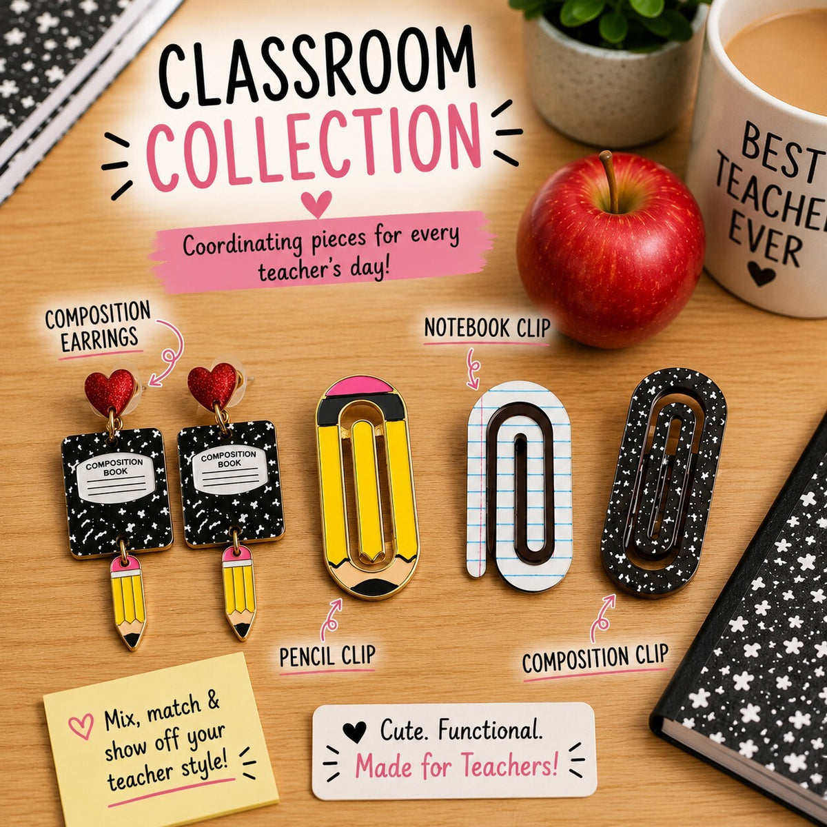 Back to School Teacher Gift Bundle Composition Book Earrings & Paperclips New