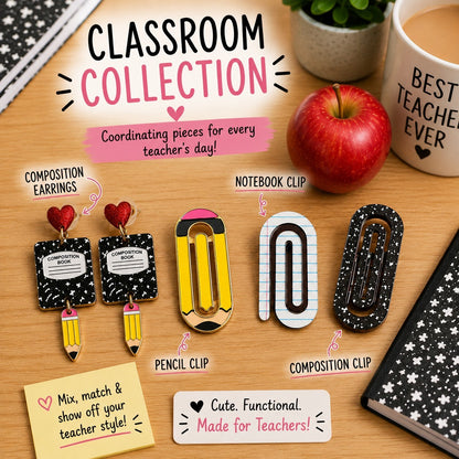 Back to School Teacher Gift Bundle Composition Book Earrings & Paperclips New