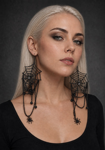 LORYLIN Black Spider Web Halloween Dangle Earrings with Chains and Spiders