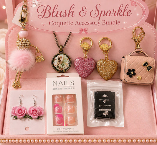 Blush & Sparkle Coquette Accessory Bundle - Pink Fluffy Keychain, Fairy Pendant,