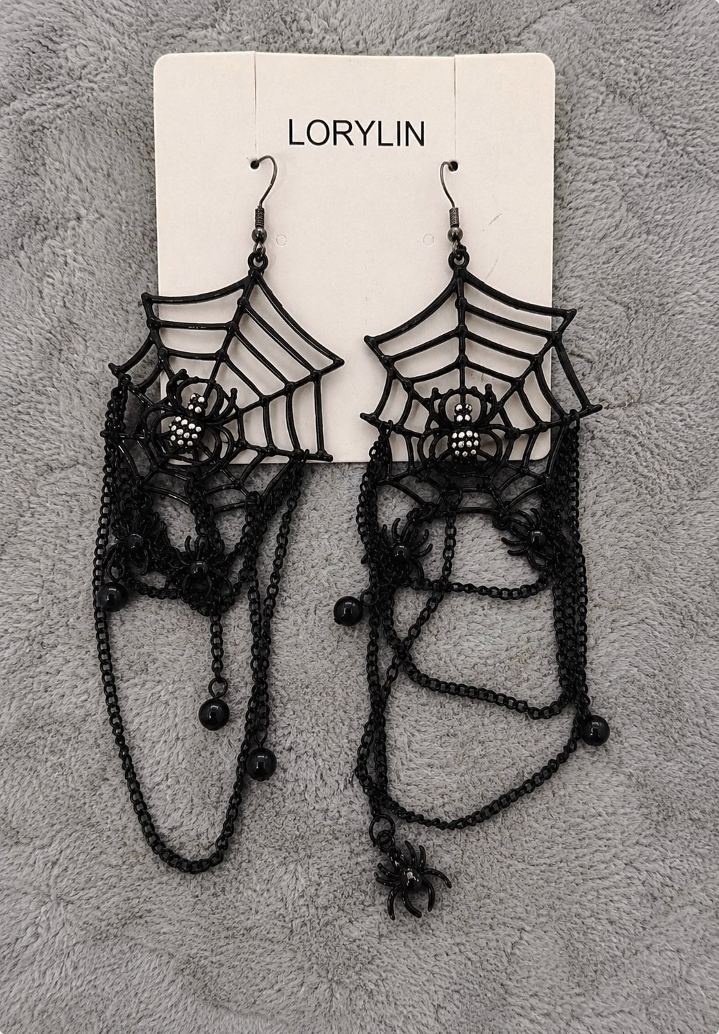 LORYLIN Black Spider Web Halloween Dangle Earrings with Chains and Spiders
