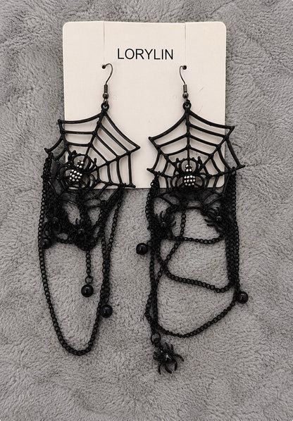 LORYLIN Black Spider Web Halloween Dangle Earrings with Chains and Spiders
