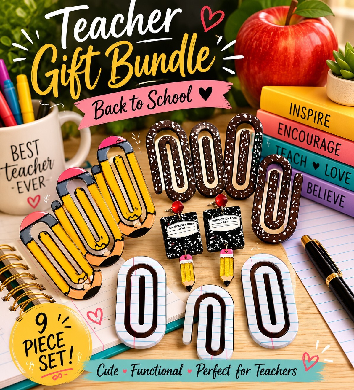 Back to School Teacher Gift Bundle Composition Book Earrings & Paperclips New