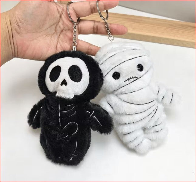 2pcs Halloween Plush Keychain Set - Skeleton & Mummy Soft Plush Keyrings