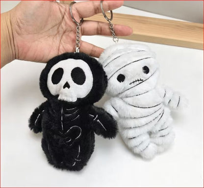 2pcs Halloween Plush Keychain Set - Skeleton & Mummy Soft Plush Keyrings