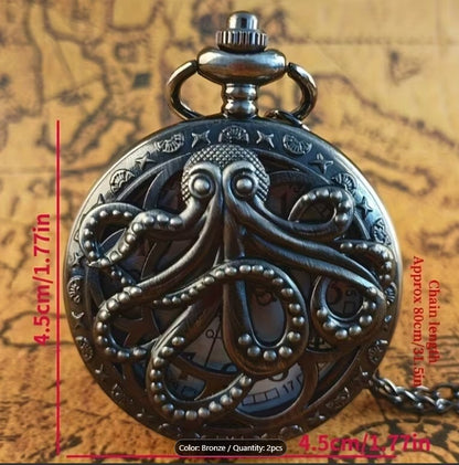 Vintage Bronze Octopus Kraken Pocket Watch with Chain - Steampunk Style