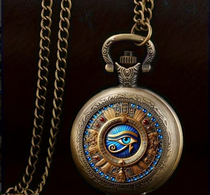 Vintage Style Pocket Watch with Egyptian Eye Design and Chain Eye of Horus