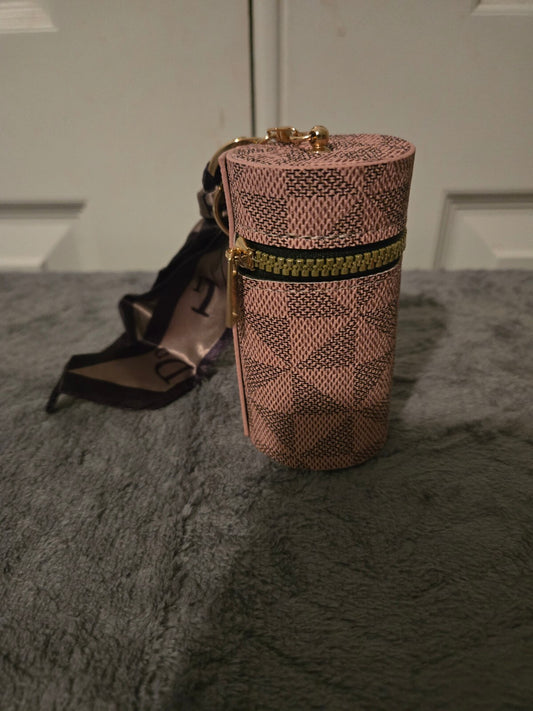 Pink Geometric Patterned Cylinder Crossbody Bag with Scarf Strap