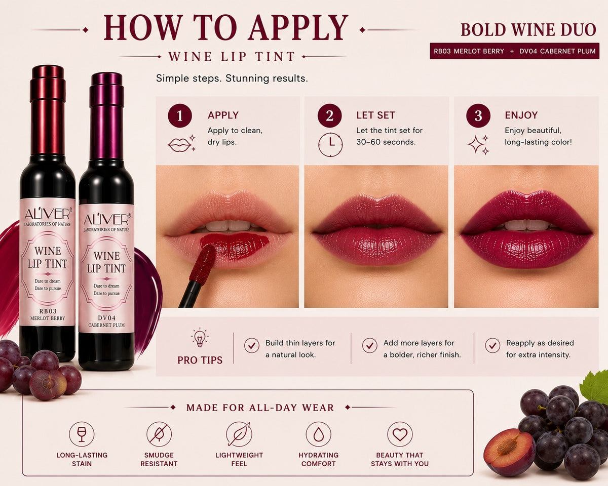 Aliver Wine Lip Tint Duo RD01 Shiraz RD03 Merlot Burgundy New Sealed