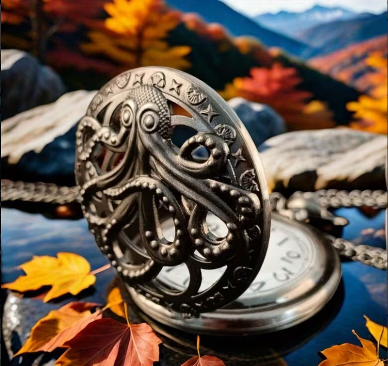 Vintage Bronze Octopus Kraken Pocket Watch with Chain - Steampunk Style