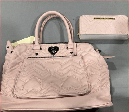 Betsey Johnson Pink Quilted Heart Pattern Leather Shoulder Bag with Matching Zip