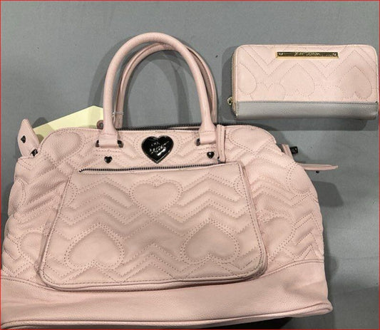 Betsey Johnson Pink Quilted Heart Pattern Leather Shoulder Bag with Matching Zip