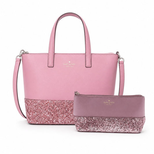 Rare Kate Spade Greta Court Pink Glitter Ina Satchel & Makeup Bag Set HTF
