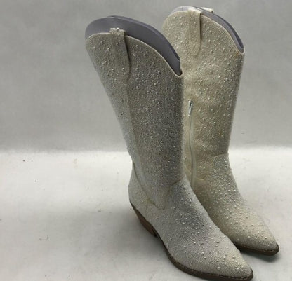 Betsey Johnson SB-Dalas White Rhinestone Knee High Western Boots 8.5M