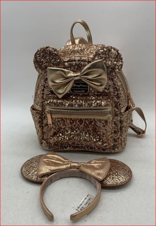 Loungefly Disney Parks Rose Gold Sequin Mini Backpack with Matching Minnie Ears
