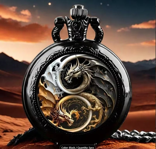 Black Dragon Yin Yang Pocket Watch with Chain NWOT