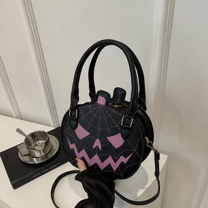 Halloween Pumpkin Face Black and Purple Round Handbag with Strap